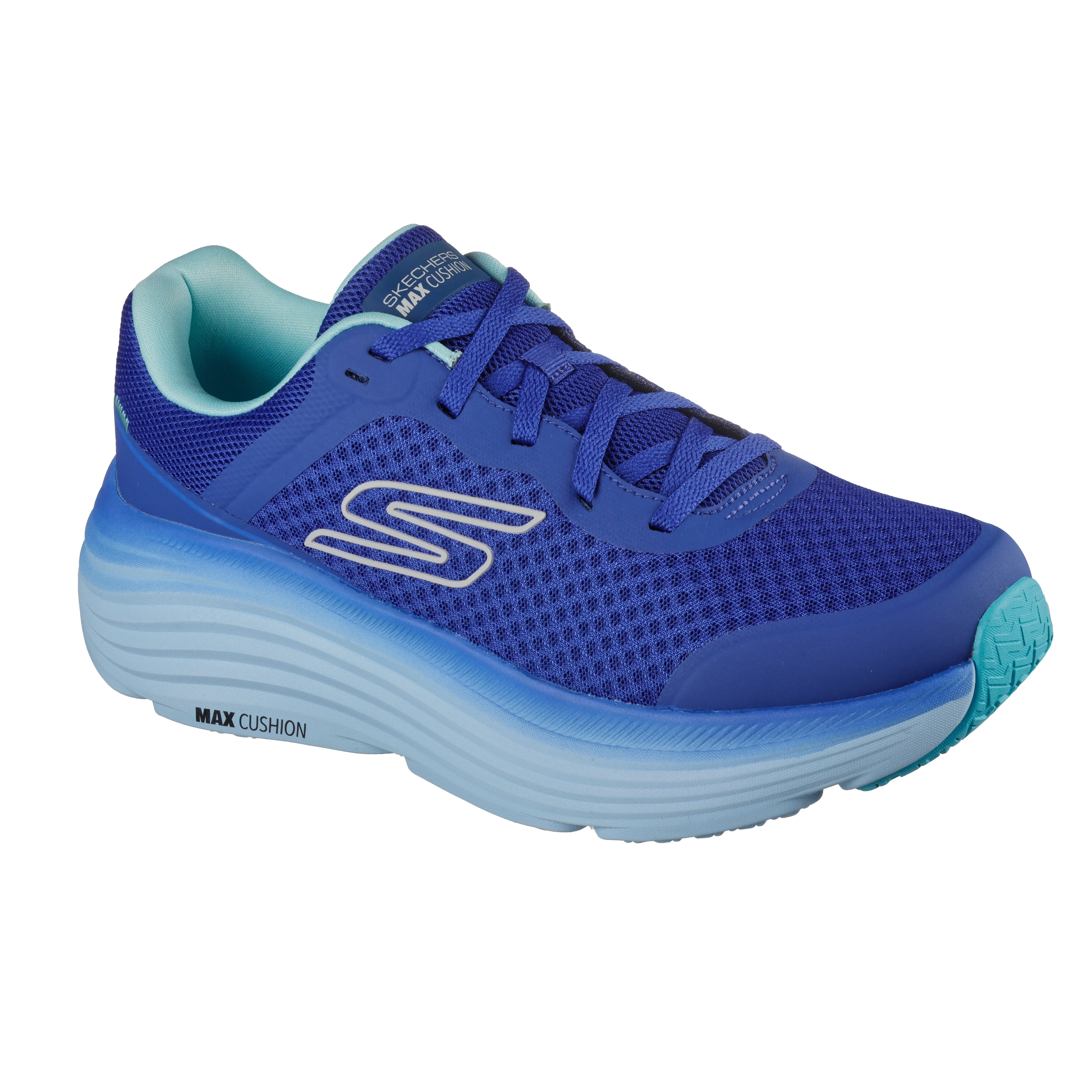 Tênis masculino Skechers Max Cushioning azul vista frontal lateral direita para ajuste e conforto